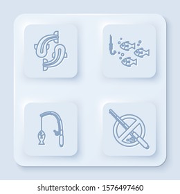 Set line Fish, Fishing hook under water with fish, Fishing rod and fish and No fishing. White square button. Vector