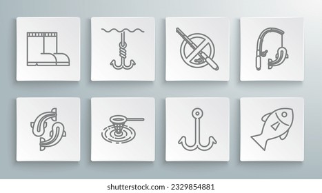 Set line Fish, Fishing hook under water, net, No fishing, rod and and boots icon. Vector