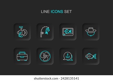 Set line Fish, Fishing hook, Outboard boat motor, Dried fish, finder echo sounder, rod and and Spinning reel for fishing icon. Vector