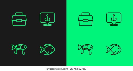 Set line Fish, Fishing lure, Case or box for fishing and hook icon. Vector