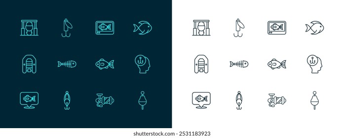 Fije la línea Peces, señuelo de pesca, carrete giratorio para la pesca, esqueleto, sonar eco del buscador, fogata y olla e icono. Vector