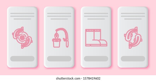 Set line Fish, Fishing rod and fish, Fishing boots and Fish. White rectangle button. Vector