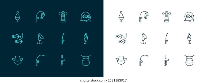 Set line Fish, Fishing rod, Hand ice drill, lure, Lighthouse, float and fish icon. Vector