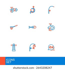 Set line Fish, Fishing rod and fish, Lighthouse, Spinning reel for fishing, net, skeleton,  and hook worm icon. Vector