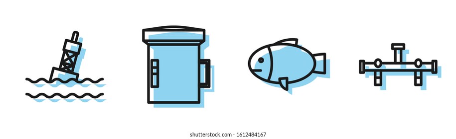 Set line Fish, Floating buoy on the sea, Big flashlight for diver and Manifold icon. Vector
