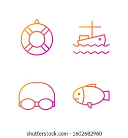 Set line Fish, Glasses and cap for swimming, Lifebuoy and Fishing boat on water. Gradient color icons. Vector