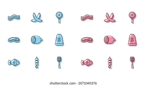 Set line Fish, Grilled shish kebab on skewer stick, Bacon stripe, Spatula, Salami sausage, Salt, Steak meat and Crossed icon. Vector