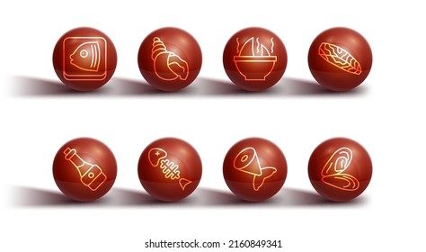 Set line Fish head, Soy sauce bottle, steak, tail, skeleton, Scallop sea shell, Mussel and Shark fin soup icon. Vector