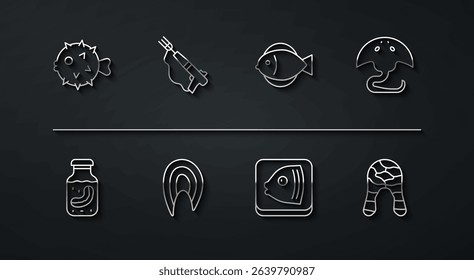 Set line Fish hedgehog, Sea cucumber in jar, Stingray, head, steak, Fishing harpoon,  and  icon. Vector