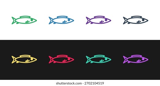 Establecer línea Icono de pescado aislado en fondo blanco y negro.  Vector