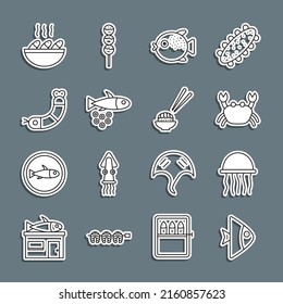 Set line Fish, Jellyfish, Crab, Puffer, with caviar, Shrimp, soup and Sushi icon. Vector