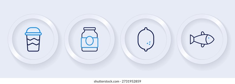 Establecer línea de pescado, limón, tarro de mermelada y taza de café para ir icono. Vector