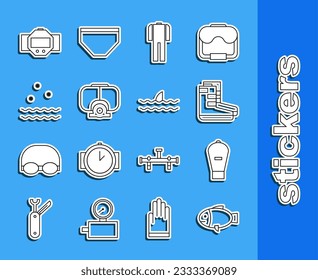 Set line Fish, Lift bag, Boots, Wetsuit for scuba diving, Diving mask, Cold and waves, watch and Shark fin ocean icon. Vector