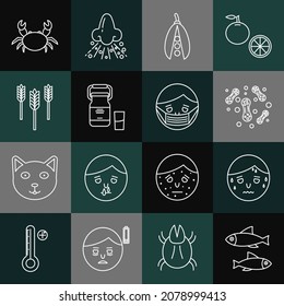 Fijar línea Pescado, Hombre con sudoración excesiva, bacterias, habas para riñones, Cañón para leche, Trigo, Cangrejo y Cara icono de máscara protectora. Vector