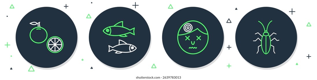 Set line Fish, Man having headache, Orange fruit and Cockroach icon. Vector
