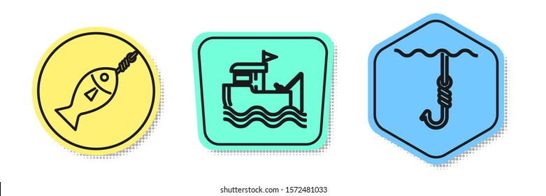Set line Fish on hook, Fishing boat with fishing rod on water and Fishing hook under water. Colored shapes. Vector