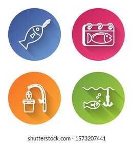 Set line Fish on hook, Calendar with a fish, Fishing rod and fish and Fishing hook under water with fish. Color circle button. Vector