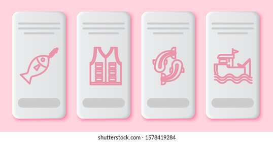 Set line Fish on hook, Fishing jacket, Fish and Fishing boat with fishing rod on water. White rectangle button. Vector