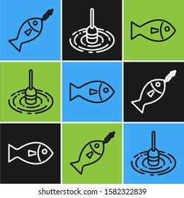 Set line Fish on hook, Fish and Fishing float in water icon. Vector