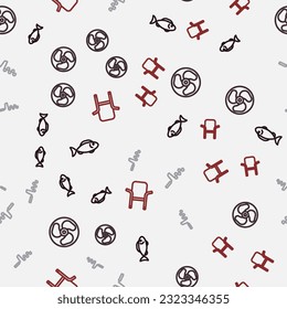 Set line Fish, Outboard boat motor, Hand ice drill and Camping folding chair on seamless pattern. Vector