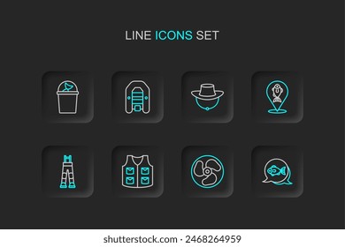 Set line Fish, Outboard boat motor, Fishing jacket, Fisherman pants, Location fishing, Dried, Inflatable with and hat icon. Vector