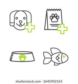 Set line Fish, Pet food bowl for cat or dog, Bag of and Veterinary clinic symbol icon. Vector