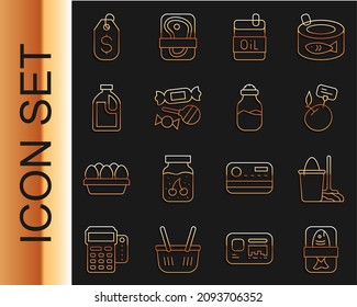 Set line Fish plastic tray container, Mop and bucket, Supermarket food products with price label, Bottle of olive oil, Candy, for cleaning agent, Price tag dollar and Spice can icon. Vector