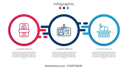 Set line Fish plastic tray container, Identification badge and Electronic scales for product. Business infographic template. Vector