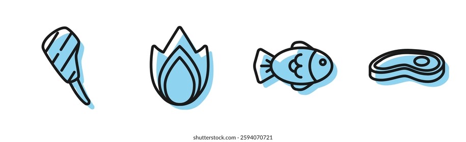 Set line Fish, Rib eye steak, Fire flame and Steak meat icon. Vector