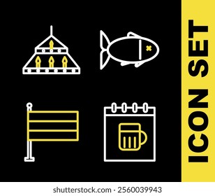 Set line Fish, Saint Patricks day calendar, National Germany flag and Massive steel chandelier icon. Vector