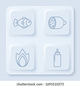 Set line Fish, Salami sausage, Fire flame and Sauce bottle. White square button. Vector