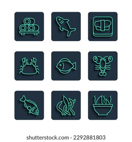 Set line Fish, Seaweed, Shark fin soup, Sushi on cutting board, Crab,  and Lobster icon. Vector