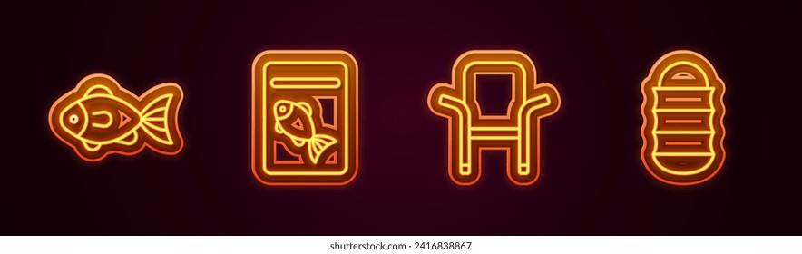 Angelfisch, Servierte Fische auf dem Teller, Campingstuhl und Angelnetz. Leuchtendes Neonsymbol. Vektorgrafik
