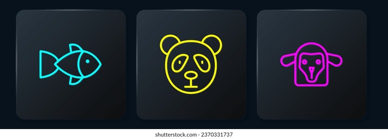 Set line Fish, Sheep head and Cute panda face. Black square button. Vector