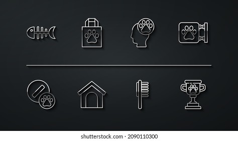 Set line Fish skeleton, Dog pill, Veterinary clinic, Pets vial medical, house, Shopping bag pet, award and Human with animals footprint icon. Vector