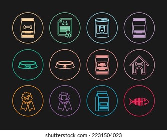 Set line Fish skeleton, Dog house and bone, Canned food for dog, Pet bowl, Bag of pet, cat and Certificate icon. Vector