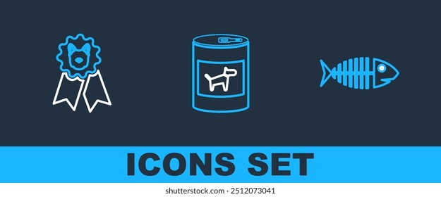 Set line Fish skeleton, Dog award symbol and Canned food for dog icon. Vector