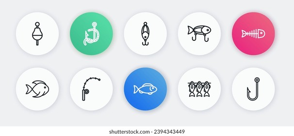 Set line Fish, skeleton, Dried fish, Fishing lure, hook and rod icon. Vector