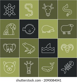 Set line Fish skeleton, Head of goat or ram, Sheep, Cow head, Puffer fish, Macaw parrot, Turtle and Hedgehog icon. Vector