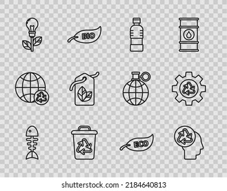 Set line Fish skeleton, Human head with recycle, Bottle of water, Recycle bin symbol, Light bulb leaf, Tag, Leaf Eco and and gear icon. Vector