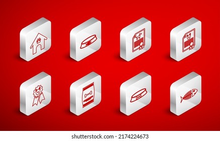 Set line Fish skeleton, Pet food bowl, Certificate for dog or cat, Dog house and paw print pet, Bag of and award symbol icon. Vector