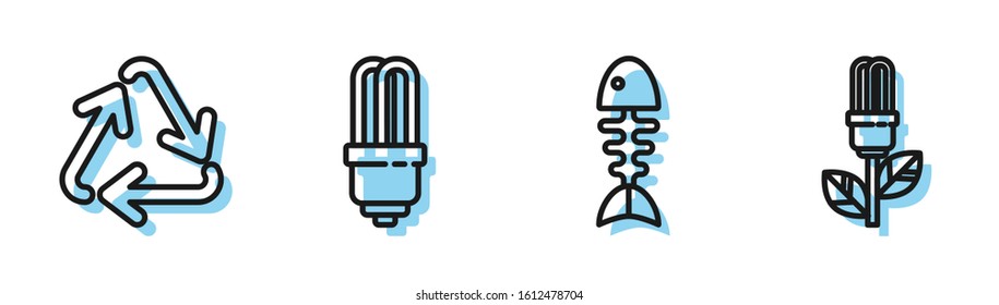 Set line Fish skeleton, Recycle symbol, LED light bulb and Light bulb with leaf icon. Vector