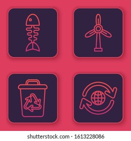 Set line Fish skeleton, Recycle bin with recycle symbol, Wind turbine and Planet earth and a recycling. Blue square button. Vector