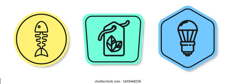 Set line Fish skeleton, Tag with leaf symbol and LED light bulb. Colored shapes. Vector
