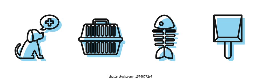 Set line Fish skeleton, Veterinary clinic symbol, Pet carry case and Dustpan icon. Vector