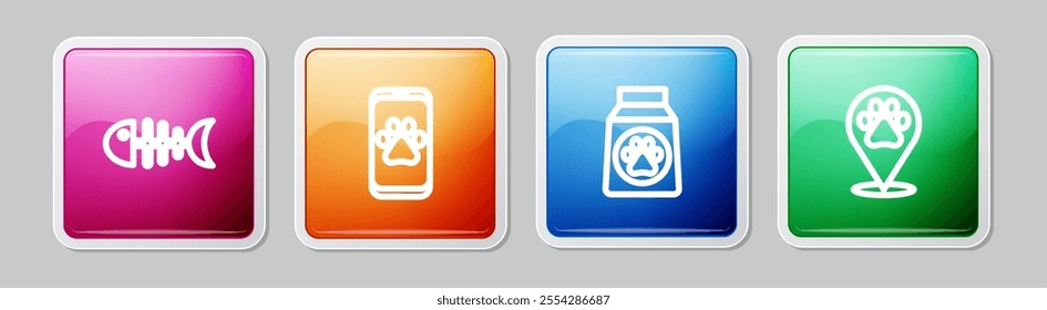 Set line Fish skeleton, Veterinary clinic, Bag of food and Location veterinary. Colorful square button. Vector