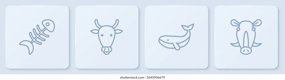 Set line Fish skeleton, Whale, Cow head and Wild boar. White square button. Vector