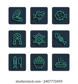 Set line Fish with sliced pieces, Caviar, Served fish on plate, hedgehog, Turtle, steak, Mussel and skeleton icon. Vector