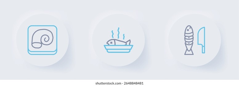 Set line Pescado con trozos en rodajas, Pescado servido en un plato e icono de pulpo. Vector