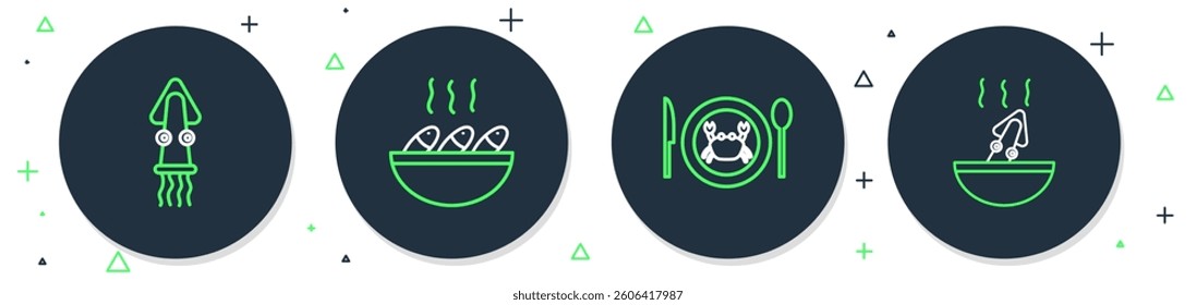 Set line Fish soup, Served crab on a plate, Octopus and Soup with octopus icon. Vector